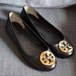 Tory Burch Reva Black Leather Ballet Flats Gold Logo Size 10 Women’s Classic